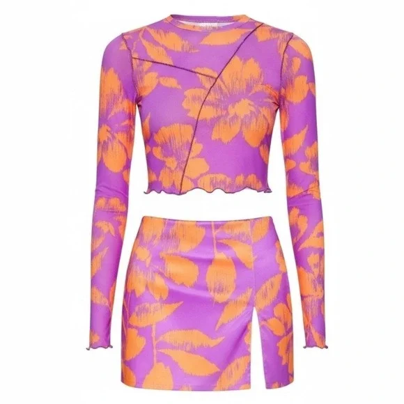 AFRM Women Tropical Floral Mesh 2 Piece Set Crop Top Mini Skirt Size Medium - Picture 2 of 7